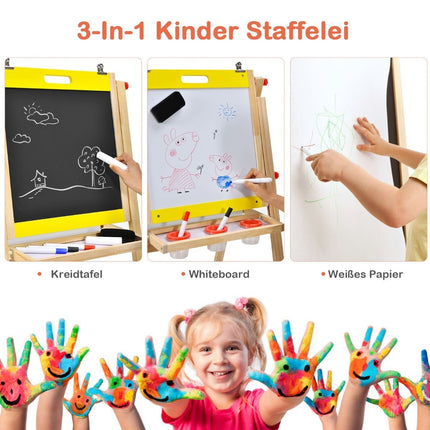3 v 1 dětská tabule, skládací výškově nastavitelná dřevěná tabule pro děti 50.5 x 53.5 x 79-104 cm přírodní + žlutá