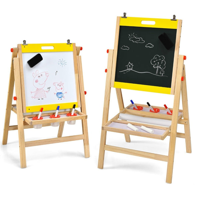 3 v 1 dětská tabule, skládací výškově nastavitelná dřevěná tabule pro děti 50.5 x 53.5 x 79-104 cm přírodní + žlutá