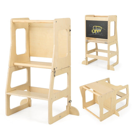 3 in 1 Kinder-Lernturm Klapptritthocker &amp; Tafel &amp; Kindertisch-Set ab 1 Jahr Stehturm Natur