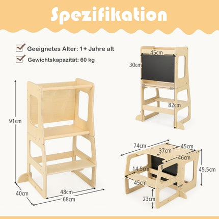 3 in 1 Kinder-Lernturm Klapptritthocker &amp; Tafel &amp; Kindertisch-Set ab 1 Jahr Stehturm Natur