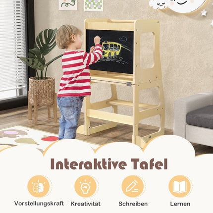 3 in 1 Kinder-Lernturm Klapptritthocker &amp; Tafel &amp; Kindertisch-Set ab 1 Jahr Stehturm Natur