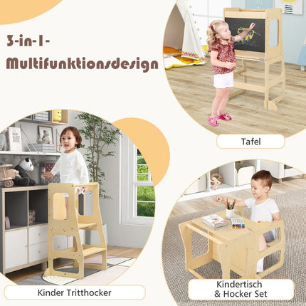 3 in 1 Kinder-Lernturm Klapptritthocker &amp; Tafel &amp; Kindertisch-Set ab 1 Jahr Stehturm Natur