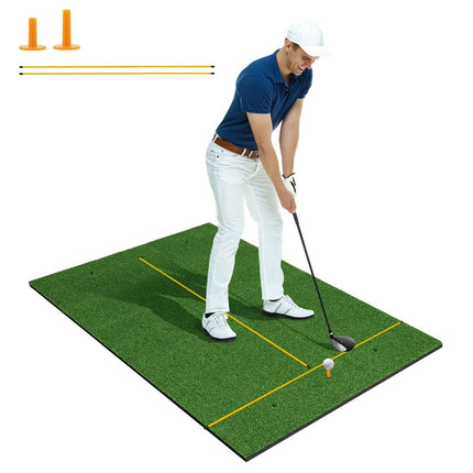 Golfová odpalová podložka 3v1 s umělým trávníkem, 2 týčka, 2 zaměřovací tyčky a 6 předvrtaných otvorů, 152 x 92 cm, 27 mm