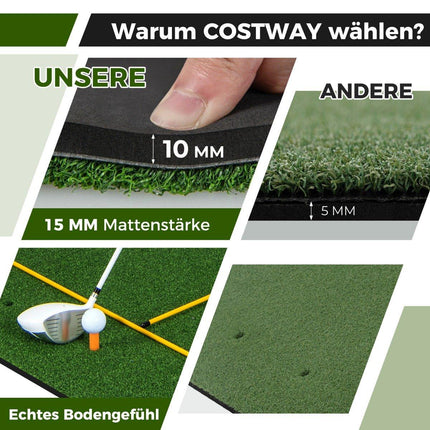 Golfová odpalová podložka 3v1 s umělým trávníkem, 2 týčka, 2 zaměřovací tyčky a 6 předvrtaných otvorů, 152 x 92 cm, 27 mm