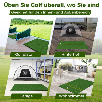 Golfová odpalová podložka 3v1 s umělým trávníkem, 2 týčka, 2 zaměřovací tyčky a 6 předvrtaných otvorů, 152 x 92 cm, 27 mm