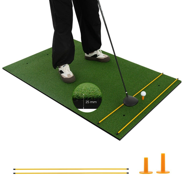 3-in-1 golf tee mat with artificial turf, 2 golf tees, 2 alignment stakes, and 6 pre-drilled tee holes, 152 x 92 cm