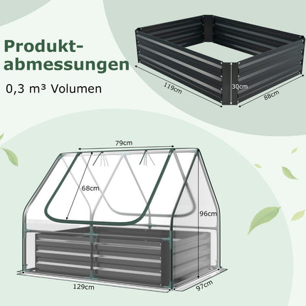 3 v 1 skleník s vyvýšeným záhonem, kovový truhlík s PVC fólií, květinový záhon se dvěma okny stříbrný 129 x 97 x 96 cm