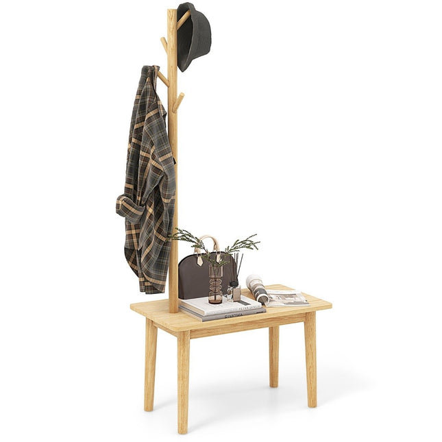 3 in 1 bijzettafel van massief hout, kapstok met schoenenbank, 76 x 43 x 168 cm, naturel