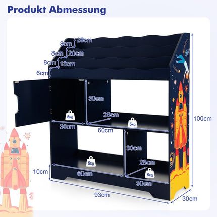 3 in 1 toy shelf with storage compartments & door 3 tier children's shelf bookcase 93 x 30 x 100 cm blue