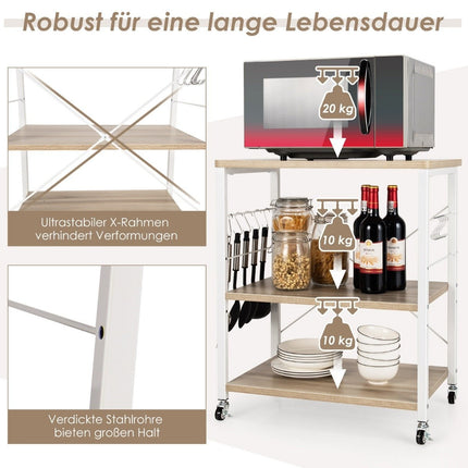 3 level serving trolley with adjustable shelf and 10 removable hooks 60 x 40 x 73 cm natural