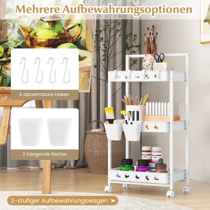 3patrový servírovací vozík na kolečkách, kuchyňský vozík se 2 závěsnými kelímky 42 x 29 x 83 cm bílý