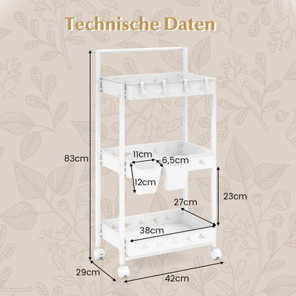 3patrový servírovací vozík na kolečkách, kuchyňský vozík se 2 závěsnými kelímky 42 x 29 x 83 cm bílý