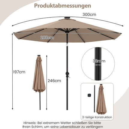 Zahradní slunečník 3m se solárními LED světly, 9 režimů
