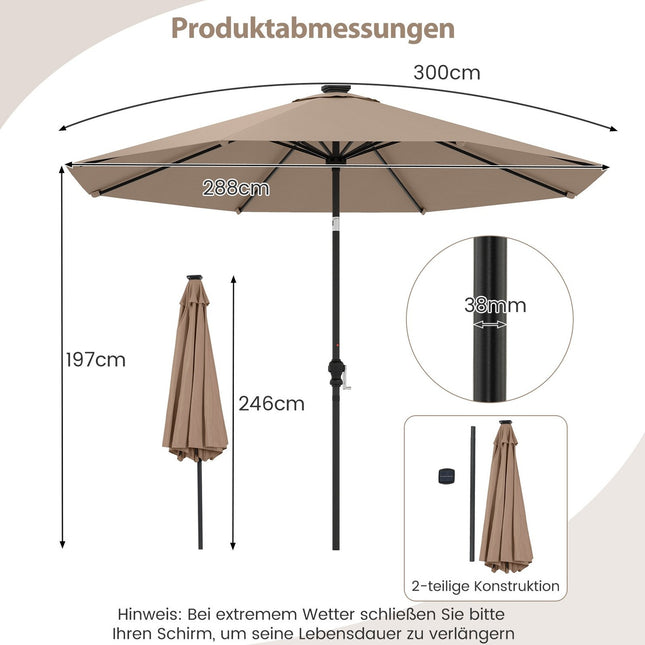 Zahradní slunečník 3m se solárními LED světly, 9 režimů