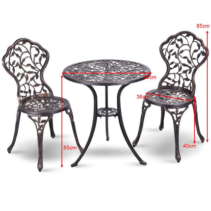 Třídílný bistro set z litého hliníku v antickém stylu, balkonová sestava, zahradní stůl se 2 židlemi, černý