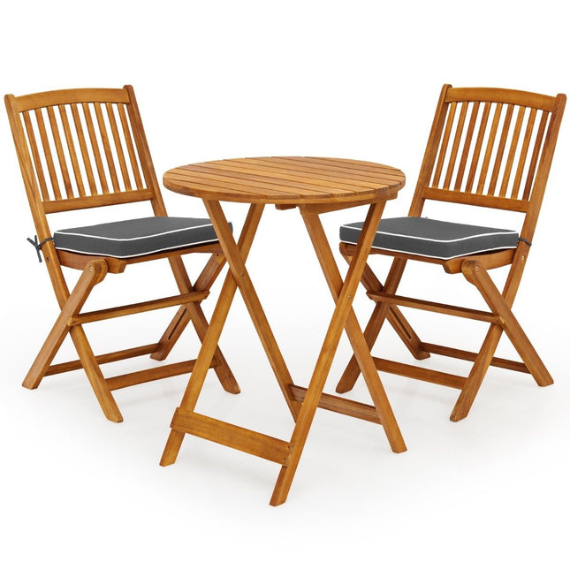 Třídílná sestava balkonového nábytku s kulatým stolem, 2 židlemi a 2 polstry. Ergonomická sedací sestava, šedá.