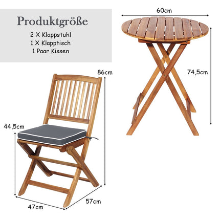 Třídílná sestava balkonového nábytku s kulatým stolem, 2 židlemi a 2 polstry. Ergonomická sedací sestava, šedá.