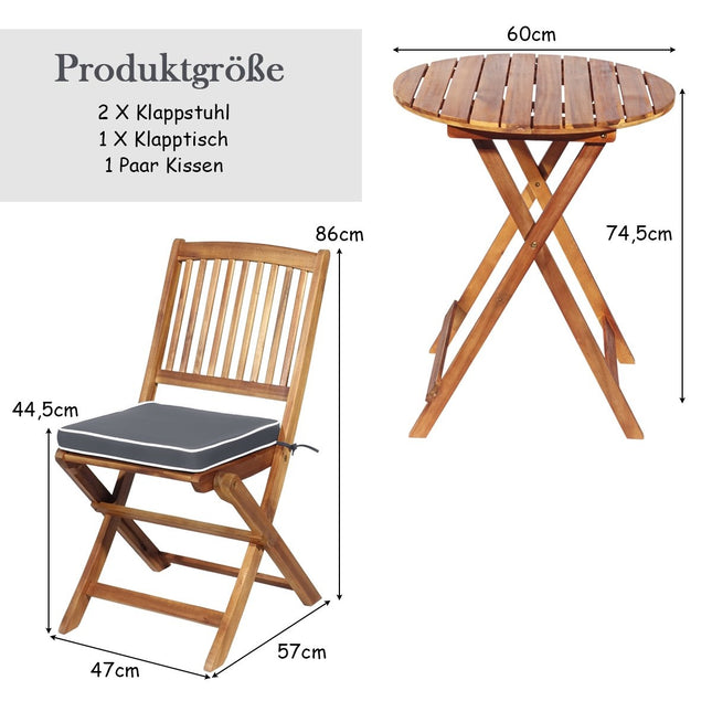 Třídílná sestava balkonového nábytku s kulatým stolem, 2 židlemi a 2 polstry. Ergonomická sedací sestava, šedá.