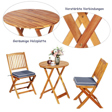 Třídílná sestava balkonového nábytku s kulatým stolem, 2 židlemi a 2 polstry. Ergonomická sedací sestava, šedá.