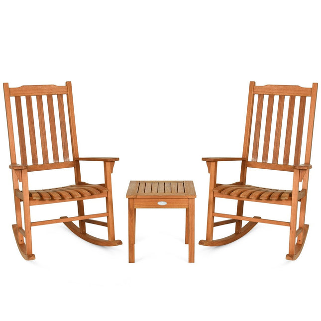 Třídílný bistro set s houpacími křesly z přírodního eukalyptového dřeva