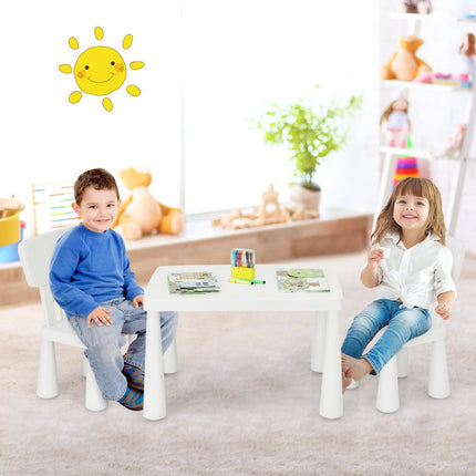 Třídílná dětská sedací sestava, dětský stůl se 2 židlemi, dětský nábytek z bílého plastu