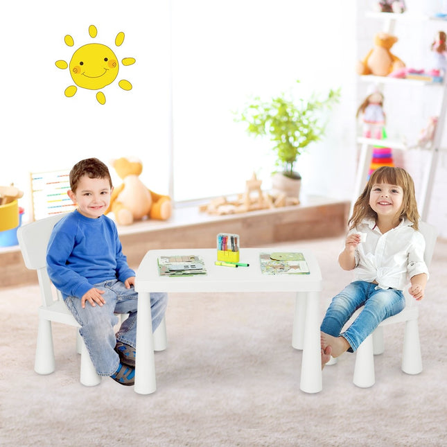 Třídílná dětská sedací sestava, dětský stůl se 2 židlemi, dětský nábytek z bílého plastu