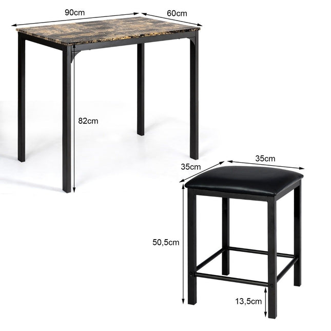 Eettafelset 3-delig, bartafelset met 2 beklede barkrukken, metalen frame, bruin