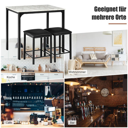 Třídílný jídelní set, barový stůl se 2 čalouněnými barovými stoličkami, kovový rám, bílý