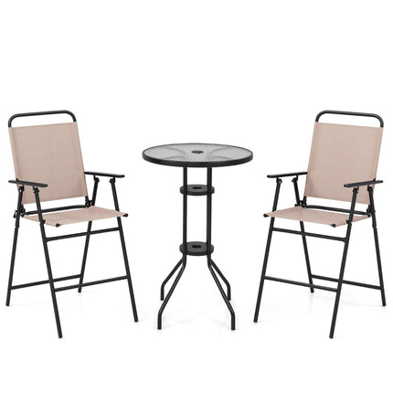 Třídílný venkovní bistro set, barový stůl na terasu se 2 skládacími židlemi a otvorem pro slunečník, béžový