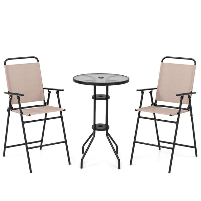Třídílný venkovní bistro set, barový stůl na terasu se 2 skládacími židlemi a otvorem pro slunečník, béžový
