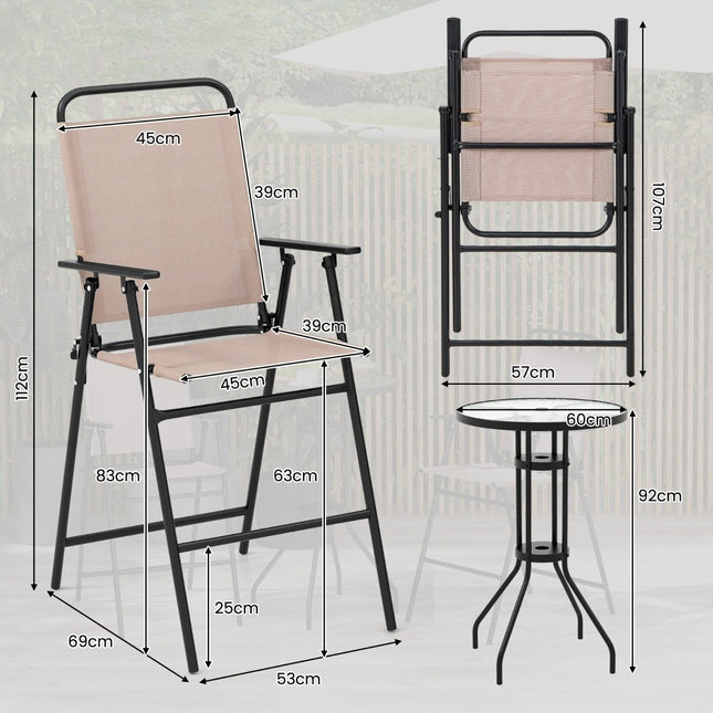 Třídílný venkovní bistro set, barový stůl na terasu se 2 skládacími židlemi a otvorem pro slunečník, béžový