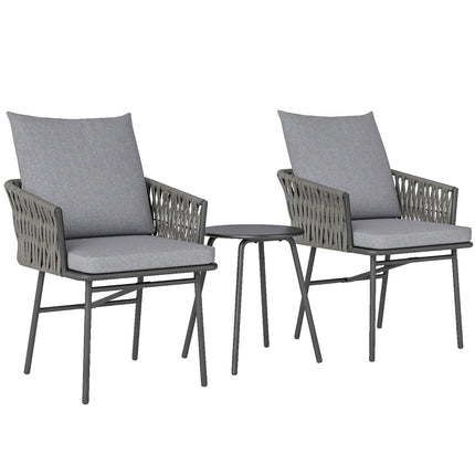 Třídílná sestava venkovního nábytku, 2 židle, 1 stůl, bistro set, umělý ratan, ocelový rám, kovový stůl, 4 polstry, šedá