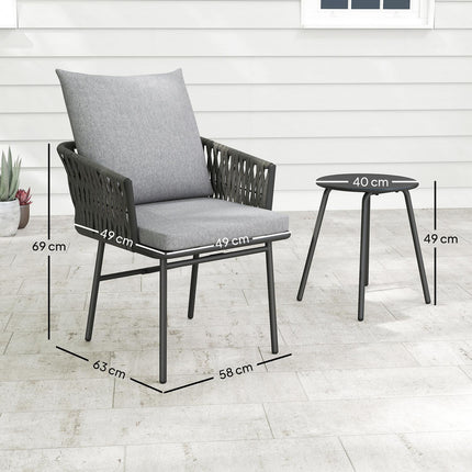 Třídílná sestava venkovního nábytku, 2 židle, 1 stůl, bistro set, umělý ratan, ocelový rám, kovový stůl, 4 polstry, šedá