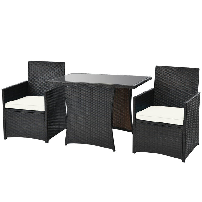 Třídílný jídelní set na terasu. Úsporný bistro set z PE ratanu se stolovou deskou