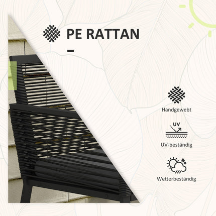 Rattan garden furniture with cushions - 3 pieces, black