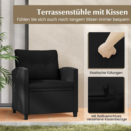 Třídílná sestava ratanového zahradního nábytku se 2 křesly a 1 odkládacím stolkem, sedací set s polstry, černá