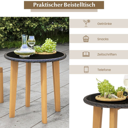 Třídílná ratanová sestava nábytku na terasu, zahradní sedací set, 2 proutěná křesla, skleněný odkládací stolek a polstry