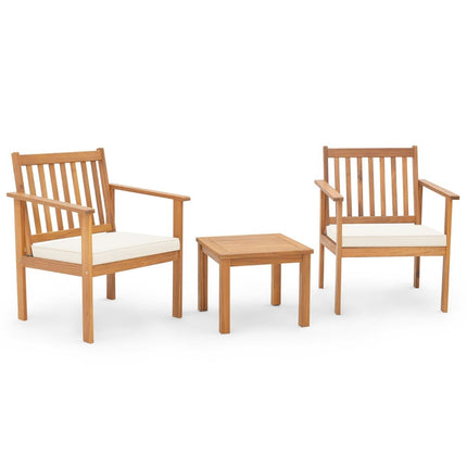 3dílná sestava zahradního nábytku z akáciového dřeva, 2 zahradní židle s podsedáky a konferenční stolek, bistro set