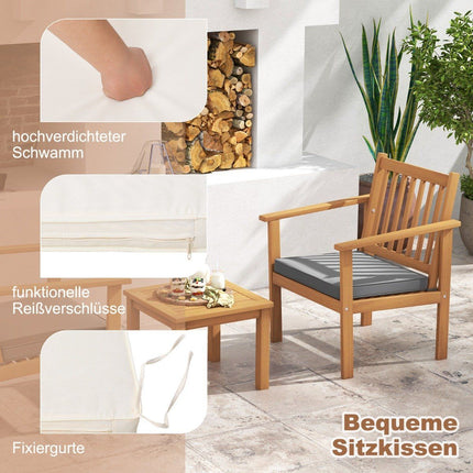 3dílná sestava zahradního nábytku z akáciového dřeva, 2 zahradní židle s podsedáky a konferenční stolek, bistro set