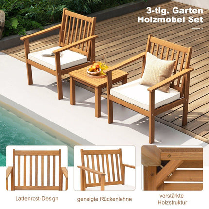 3dílná sestava zahradního nábytku z akáciového dřeva, 2 zahradní židle s podsedáky a konferenční stolek, bistro set