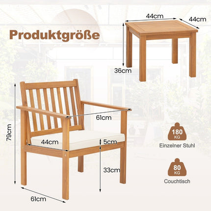 3dílná sestava zahradního nábytku z akáciového dřeva, 2 zahradní židle s podsedáky a konferenční stolek, bistro set