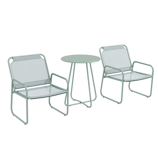 Třídílný zelený síťovaný bistro set se stolem a židlemi