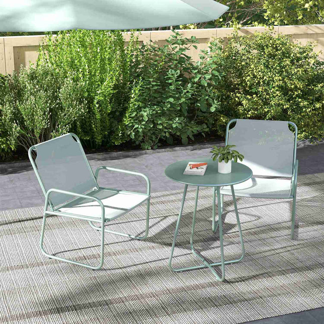 Třídílný zelený síťovaný bistro set se stolem a židlemi