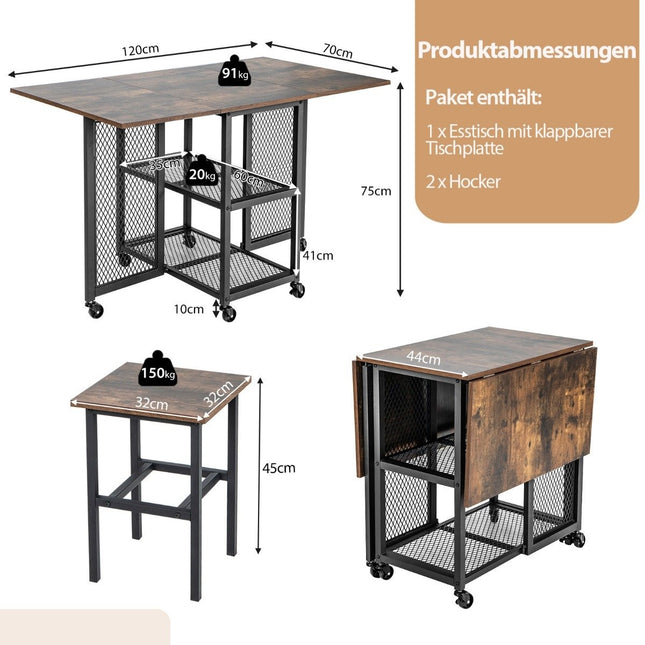 3 pieces Folding Dining Table Set Extendable Dining Table with 2 Stools & 2 Mesh Storage Shelves