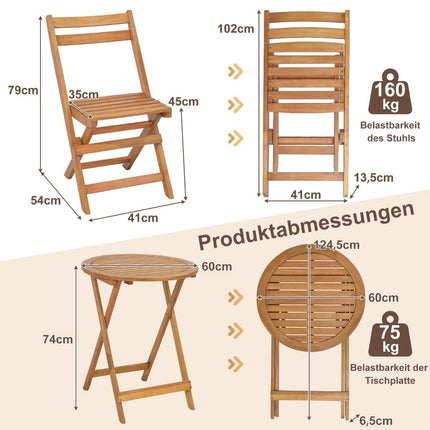3dílný dřevěný bistro set s pevným rámem z akácie, laťkovým sedákem a deskou stolu