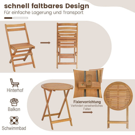 3dílný dřevěný bistro set s pevným rámem z akácie, laťkovým sedákem a deskou stolu