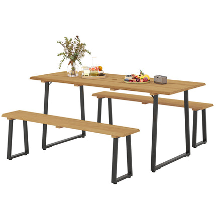 Wooden dining room set for 6 with table, benches and umbrella hole