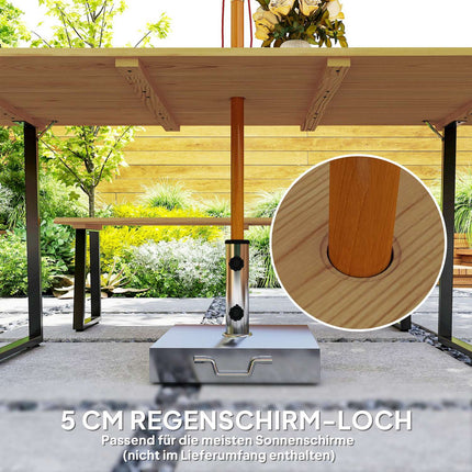 Wooden dining room set for 6 with table, benches and umbrella hole
