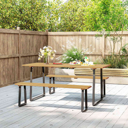 Wooden dining room set for 6 with table, benches and umbrella hole