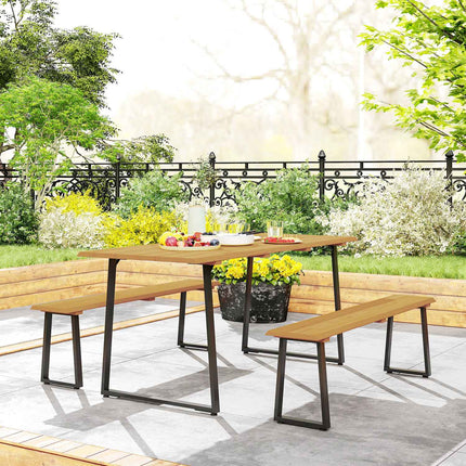 Wooden dining room set for 6 with table, benches and umbrella hole